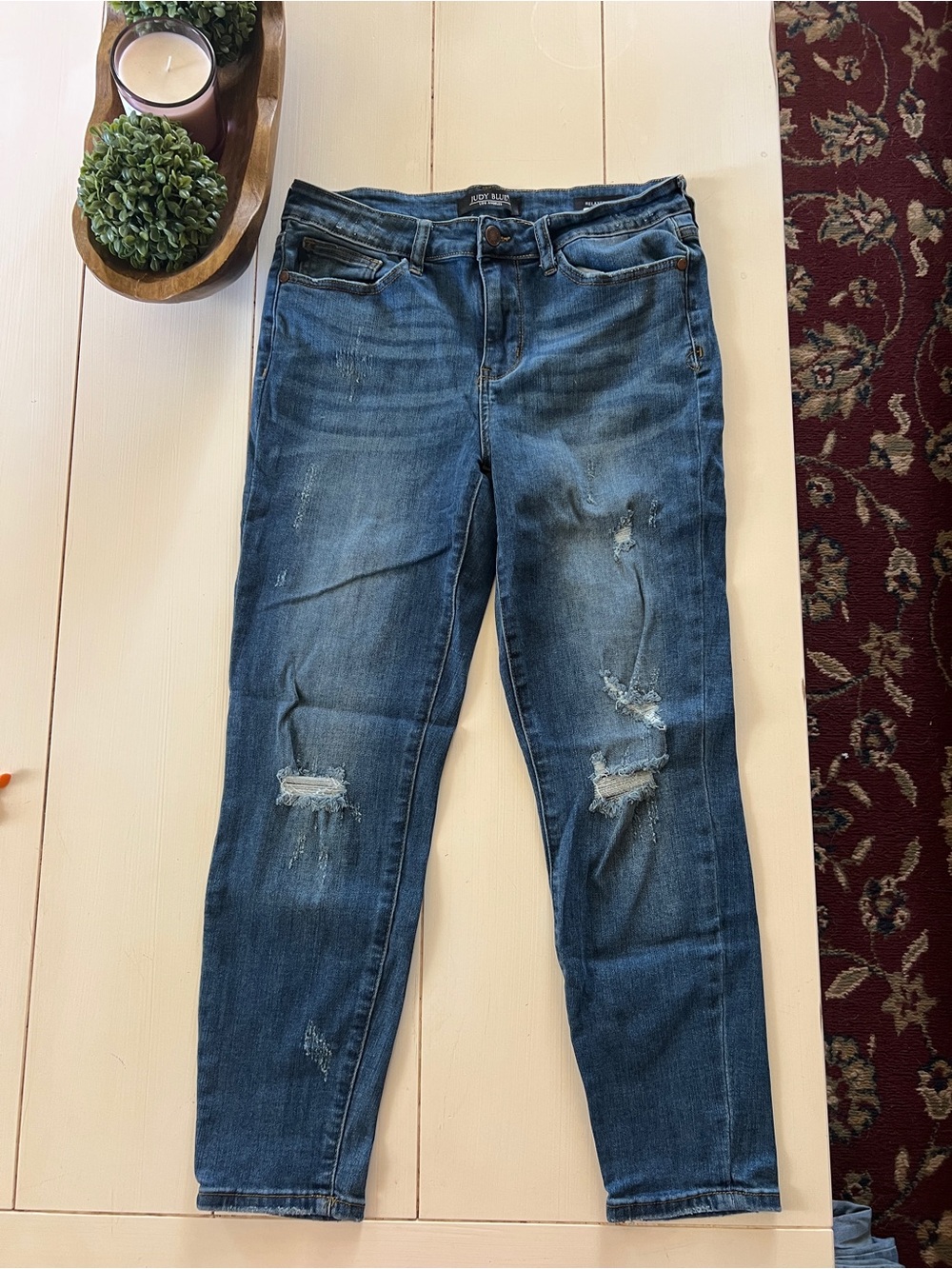 Judy Blue Distressed Straight Leg Medium Blue Jeans